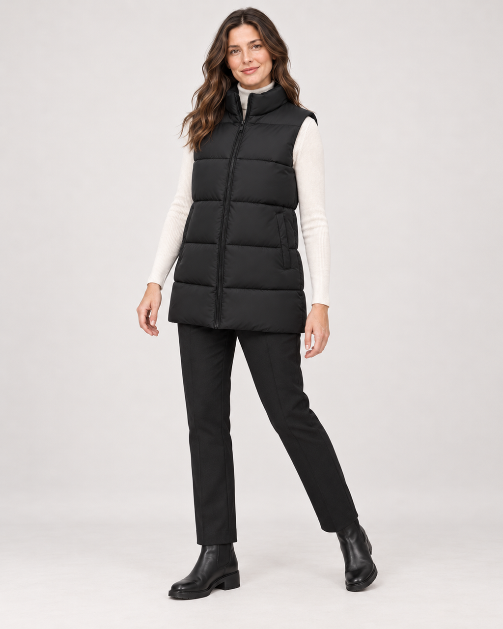 Women’s Puffer Gilet with Longline Shape and Stand Collar in Black, three quarter body view