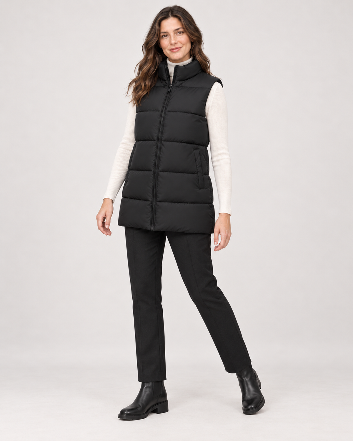 Women’s Puffer Gilet with Longline Shape and Stand Collar in Black, three quarter body view