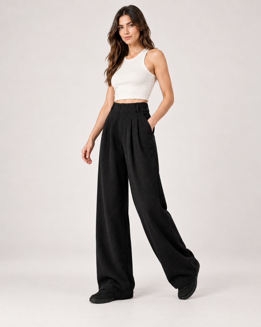 Women’s Wide Leg Trousers with High Waist and Front Pleats in Black, three quarter body view