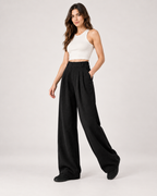 Women’s Wide Leg Trousers with High Waist and Front Pleats in Black, three quarter body view