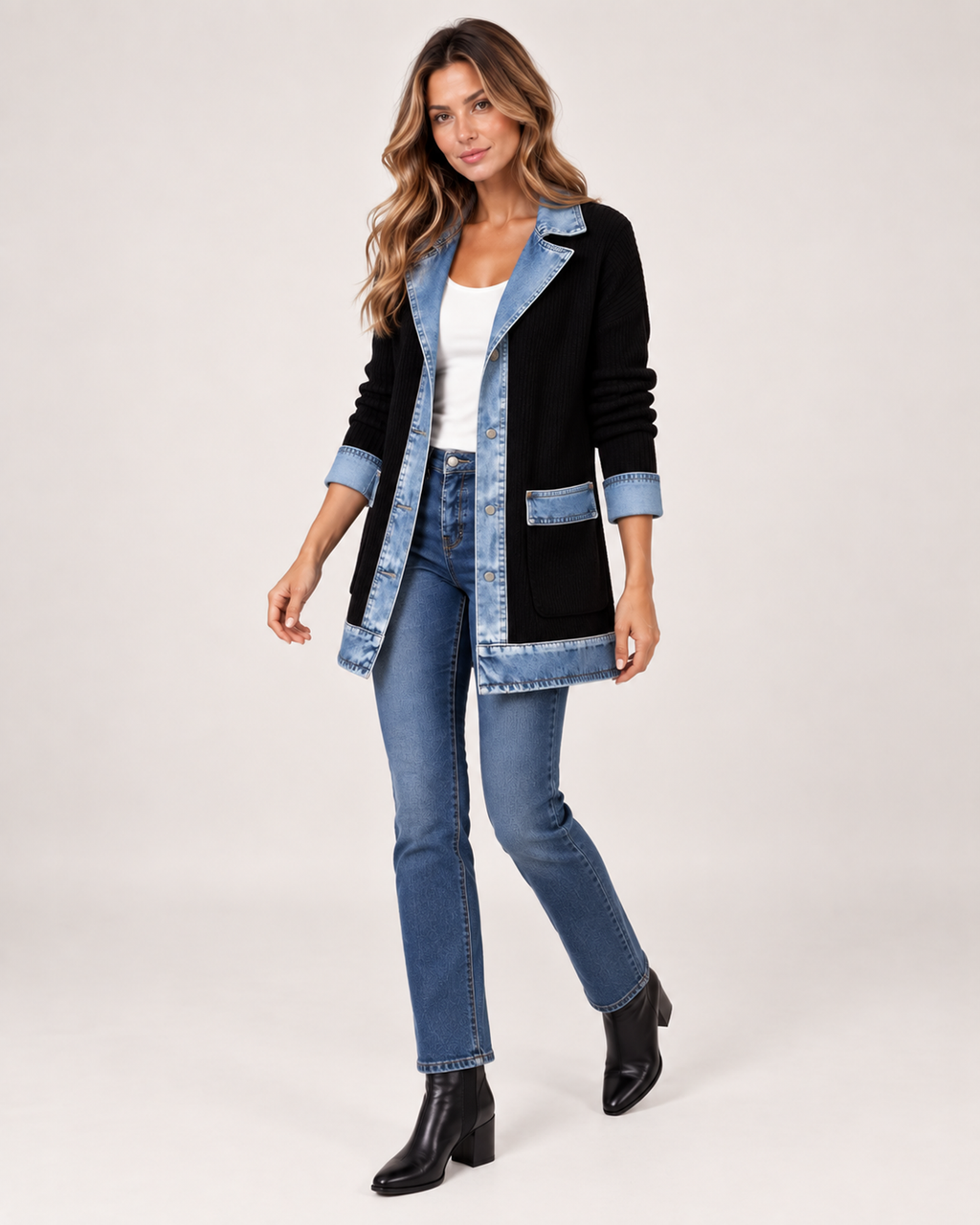 Women’s Coatigan with Denim Collar and Button Front in Black, three quarter body view