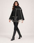 Women’s Cape Coat with Scarf Collar in Black & White, three quarter body view