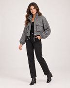 Women’s Checked Jacket with Cropped Shape and Utility Pockets in Black & White, three quarter body view