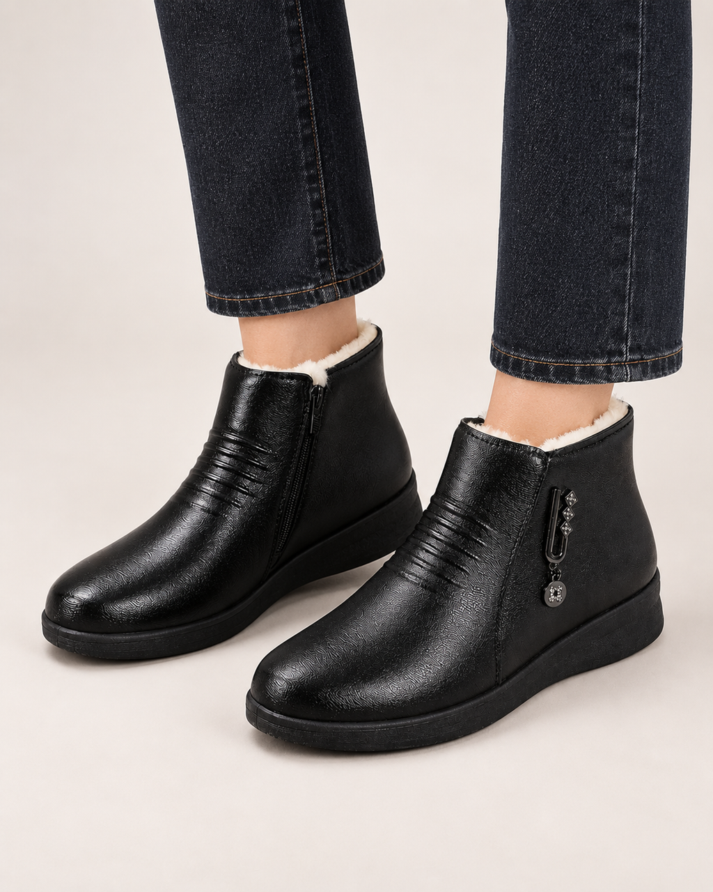 Women’s Ankle Boots with Fleece Lining and Side Zip in Black, lower leg product focus view