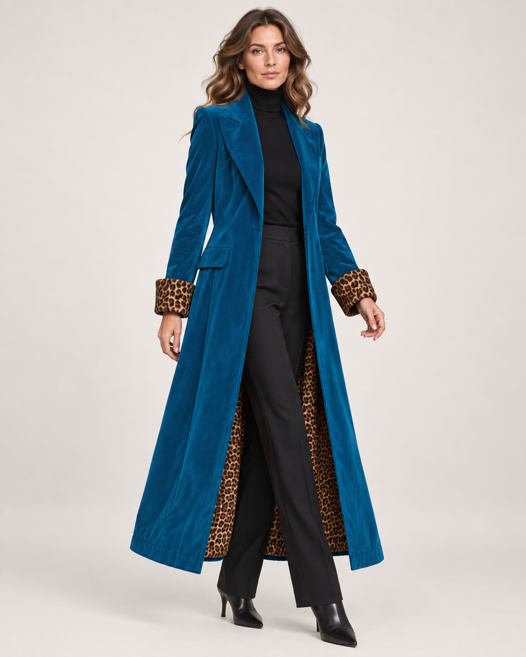 Women’s Longline Coat with Leopard Print Trim in Blue, three quarter body view