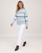 Women’s Christmas Jumper with Fair Isle Pattern and Roll Neck in Blue, three quarter body view