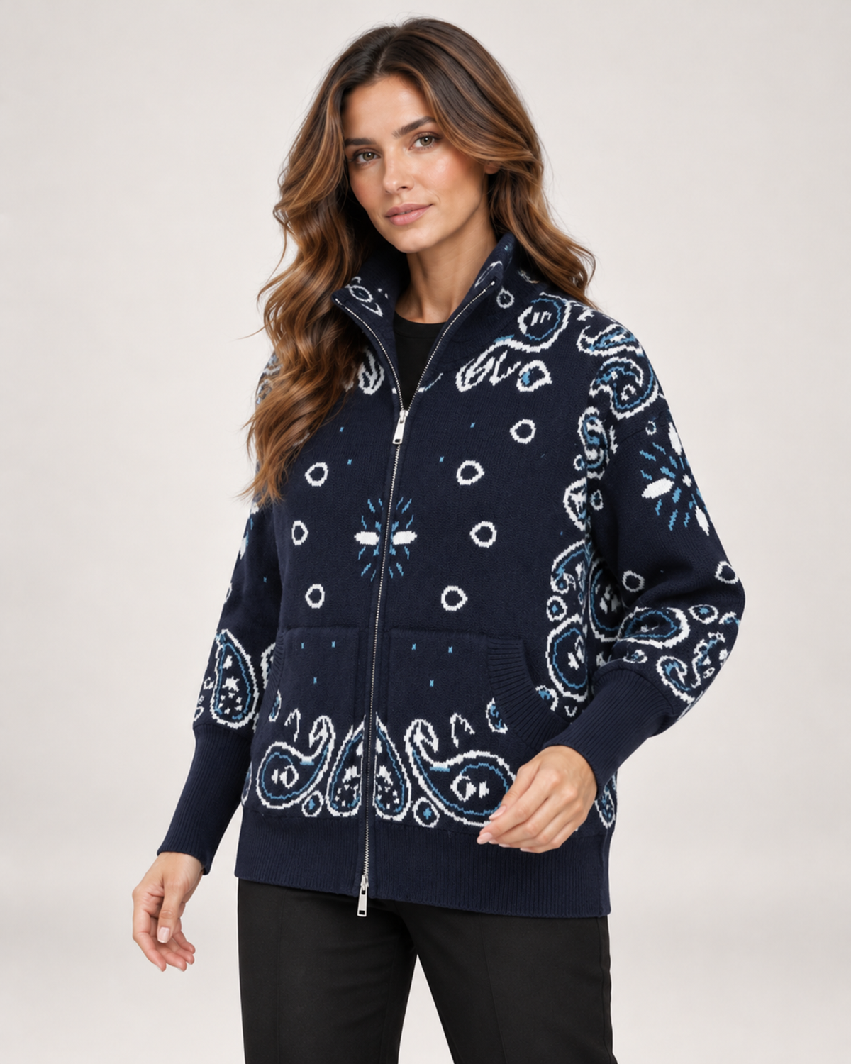 Women's Knitted Cardigan with Zip Front and High Neck blue close variant view
