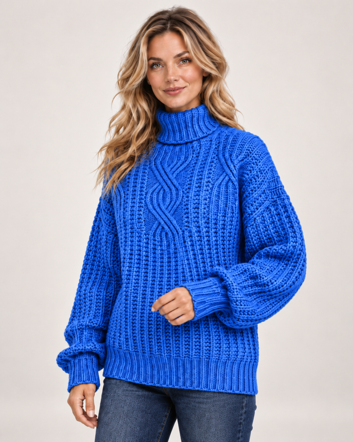 Women's Roll Neck Jumper with Cable Knit blue close variant view