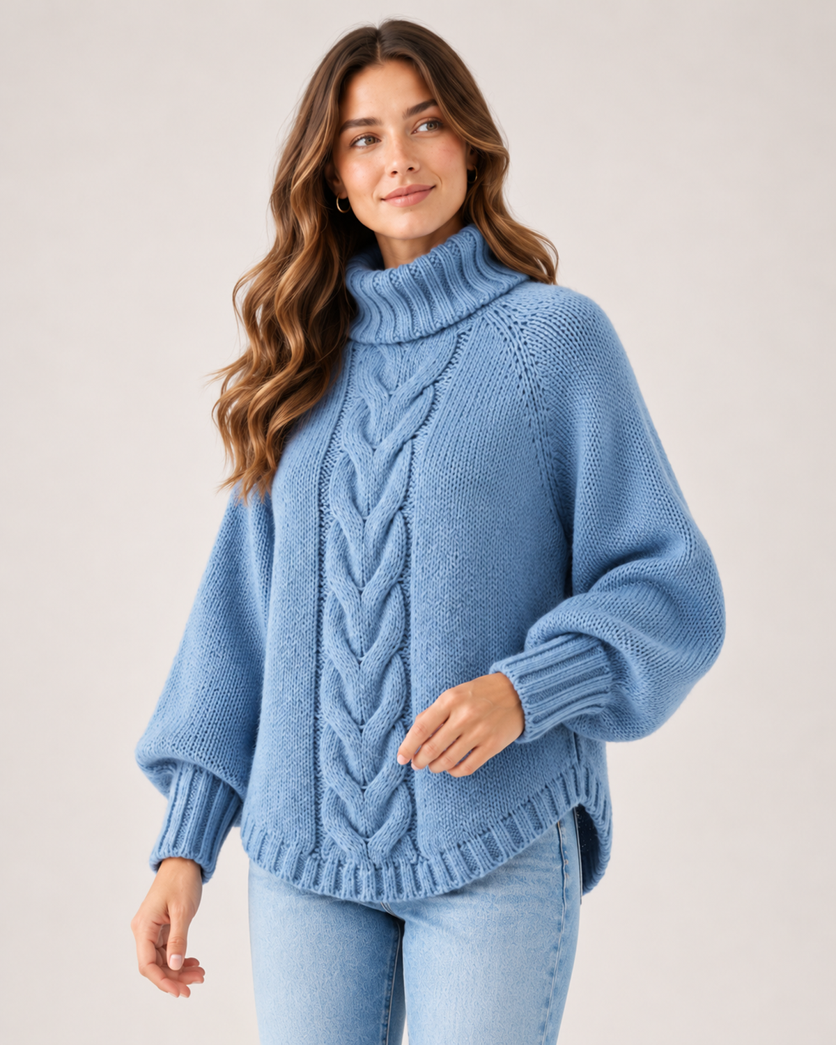 Women's Cable Knit Jumper Chunky Roll Neck Style blue close variant view