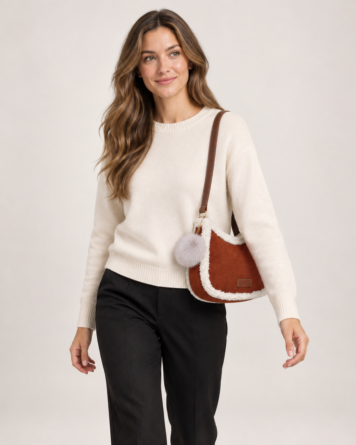 Women’s Fluffy Shoulder Bag with Pom Pom Charm in Brown, upper body product focus view
