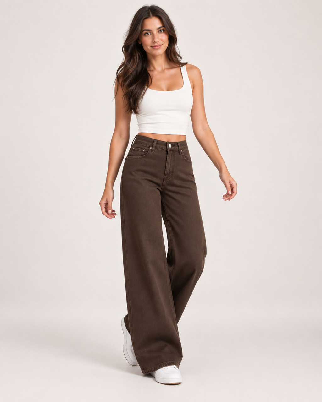 Women’s Wide Leg Jeans in Brown with High Waist in Brown, three quarter body view