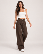 Women’s Wide Leg Jeans in Brown with High Waist in Brown, three quarter body view