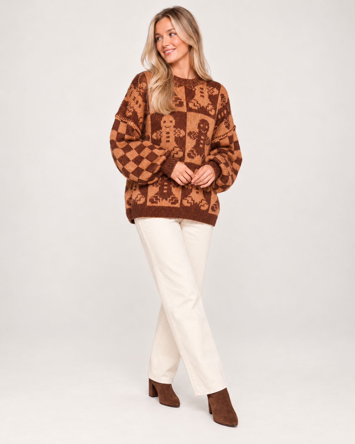 Women’s Christmas Jumper with Gingerbread Pattern in Brown, three quarter body view