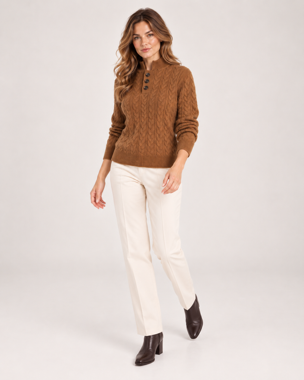 Women’s Cable Knit Jumper with Stand Collar and Button Neck in Brown, three quarter body view
