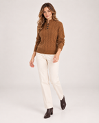 Women’s Cable Knit Jumper with Stand Collar and Button Neck in Brown, three quarter body view