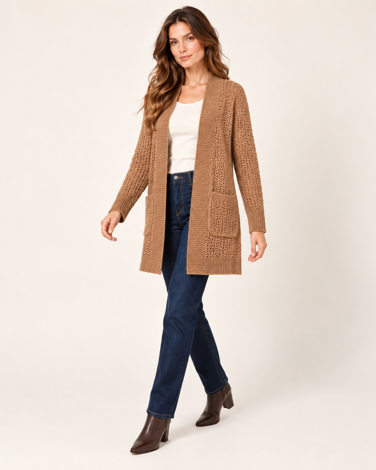 Women’s Coatigan with Open Front and Pockets in Brown, three quarter body view