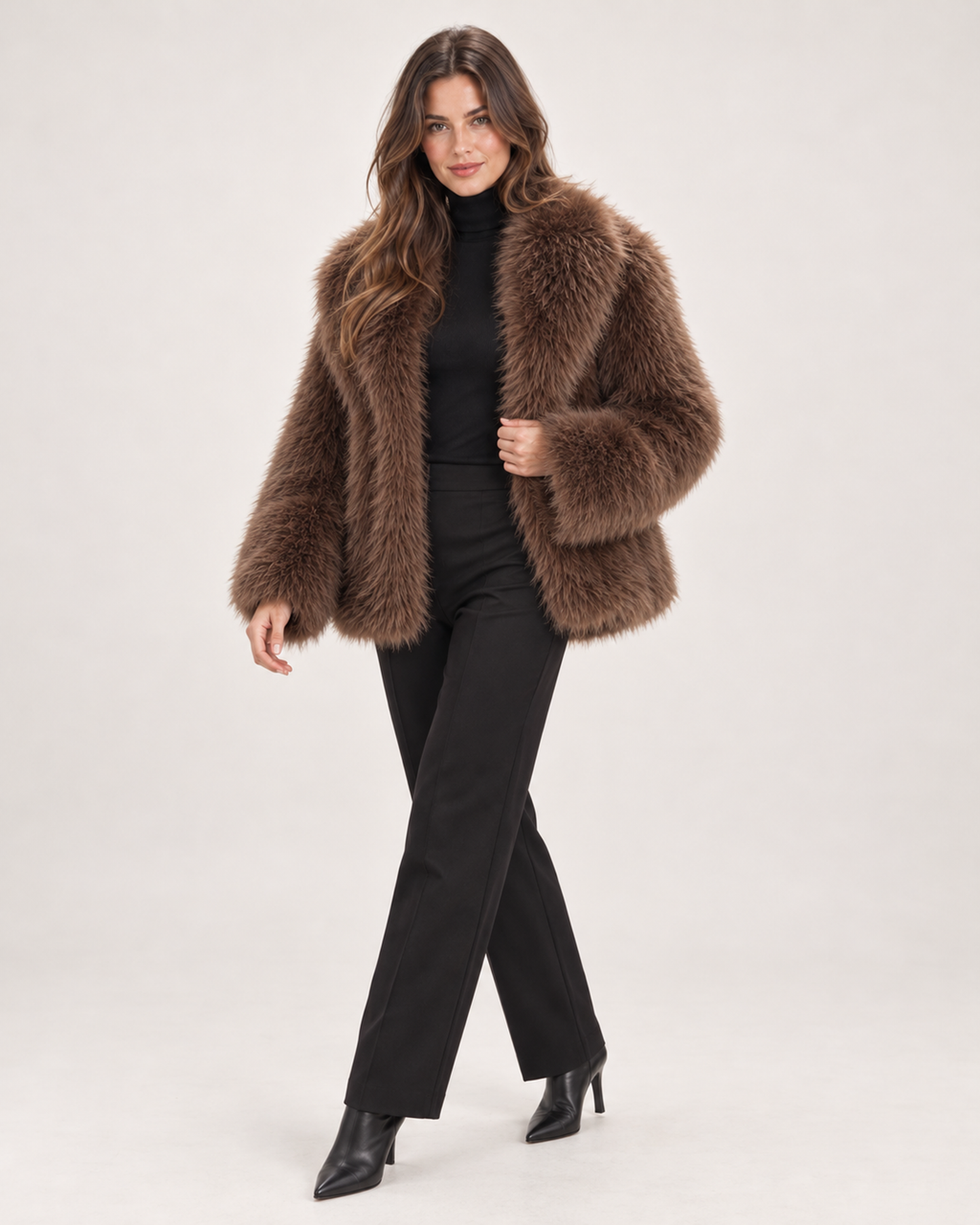 Women’s Faux Fur Jacket with Wide Collar in Brown, three quarter body view