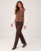 Women’s Borg Gilet with Contrast Trim and Pockets in Brown, three quarter body view