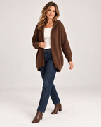 Women’s Hooded Cardigan with Knitted Finish in Brown, three quarter body view