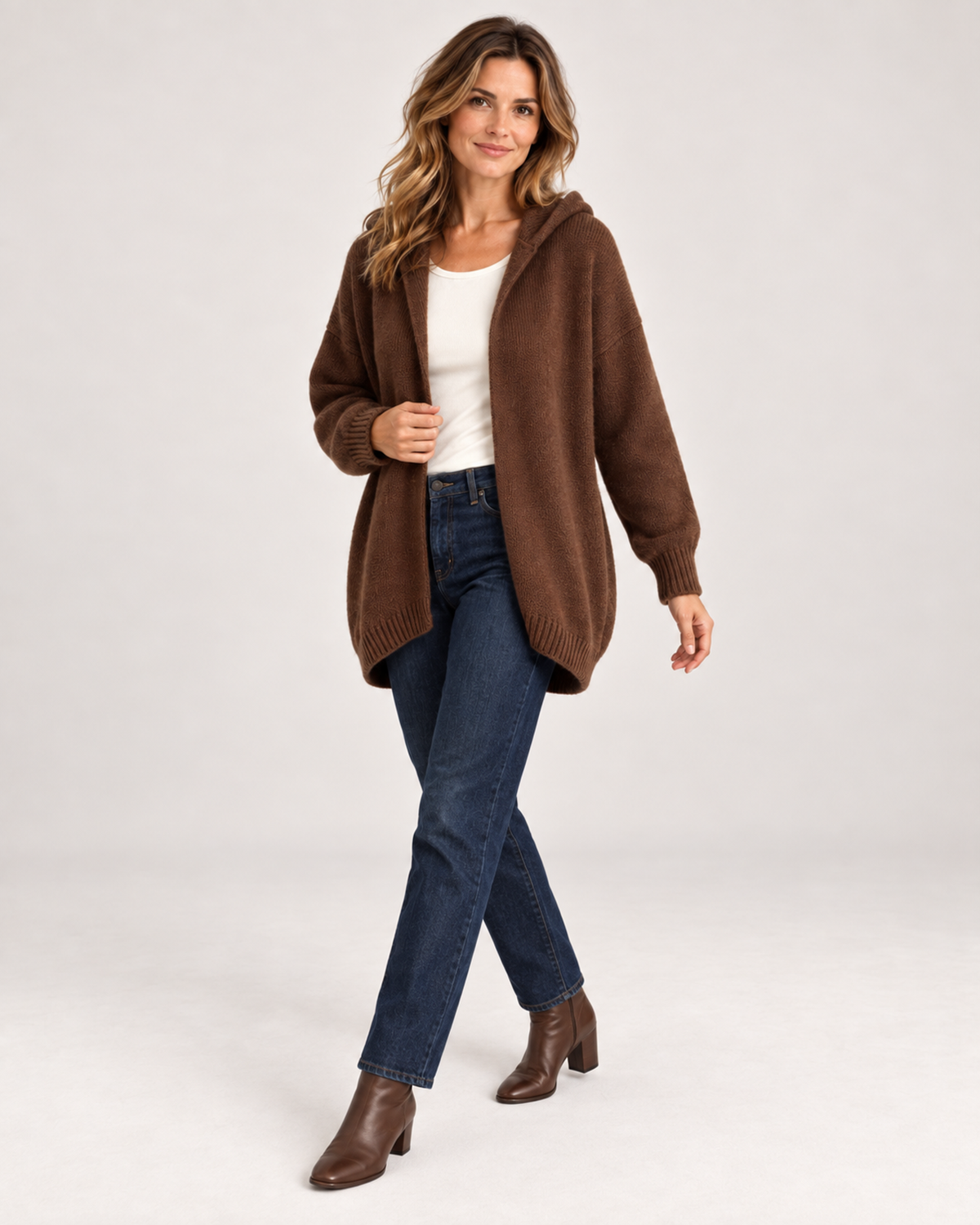 Women’s Hooded Cardigan with Knitted Finish in Brown, three quarter body view