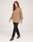Women’s Roll Neck Jumper with Relaxed Longline Fit in Brown, three quarter body view
