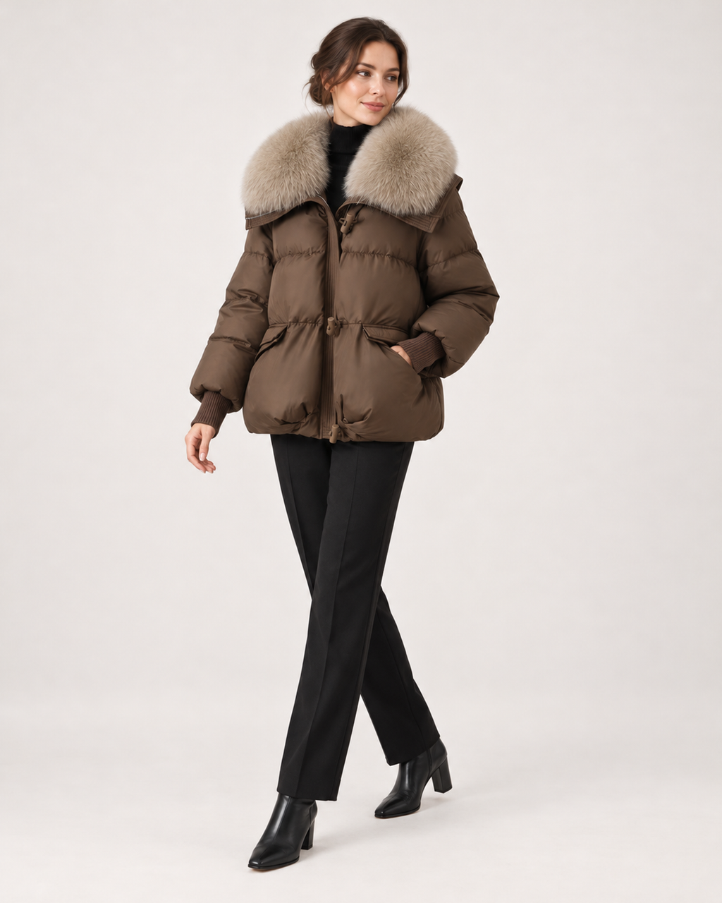 Women’s Puffer Jacket with Faux Fur Collar and Drawstring Waist in Brown, three quarter body view