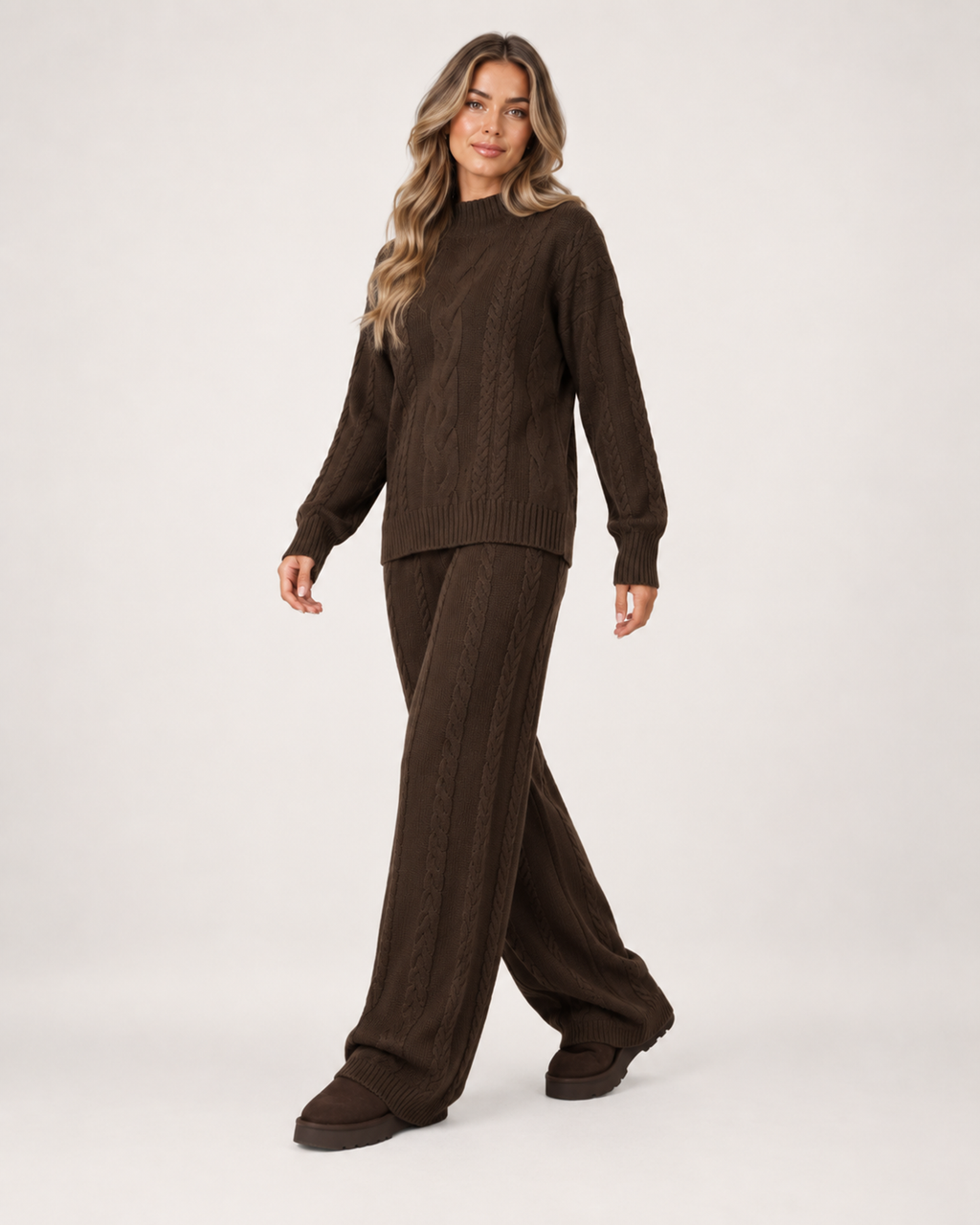 Women’s Knitted Co-Ord Set with Cable Knit Jumper and Wide Leg Trousers in Brown, three quarter body view