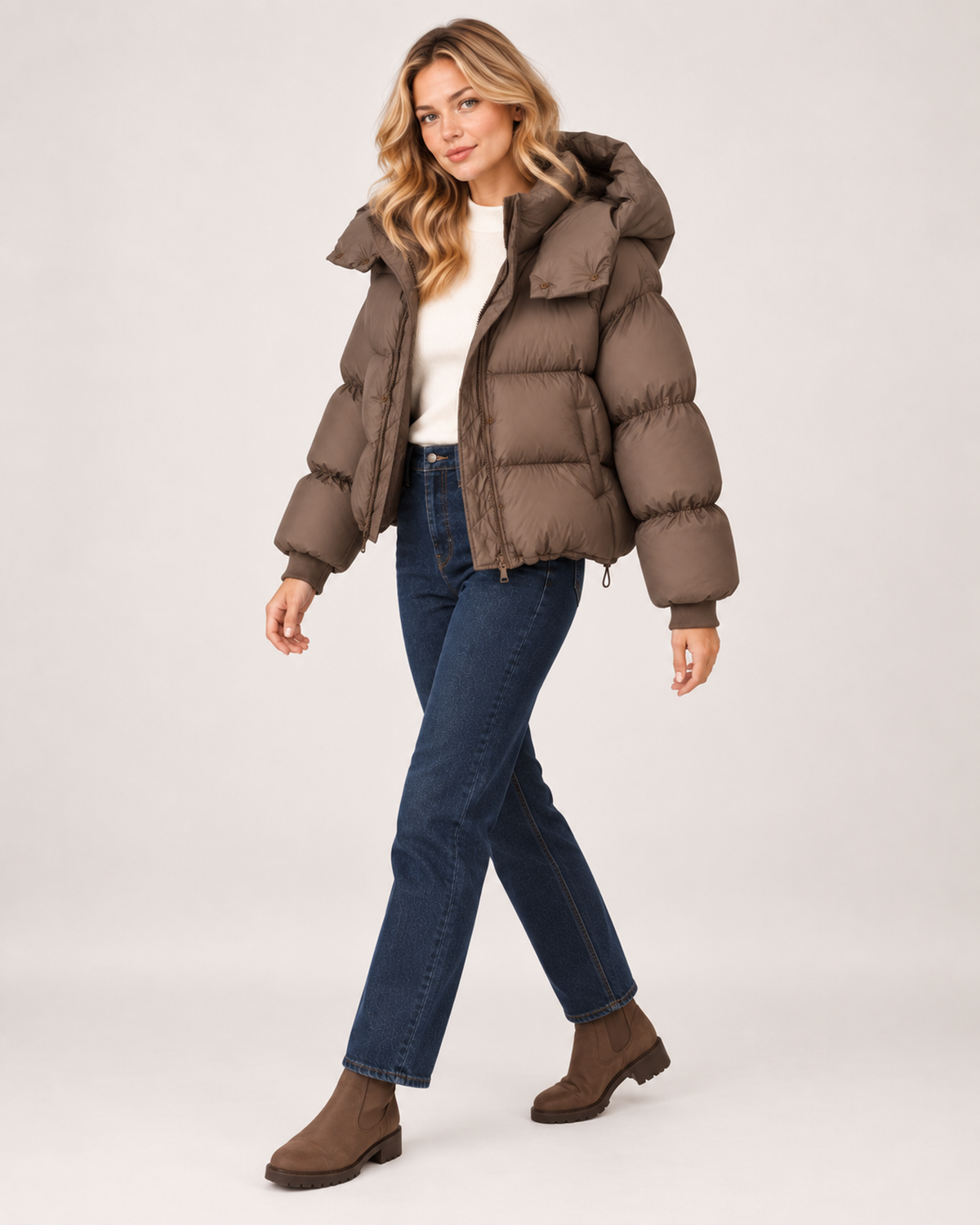 Women’s Puffer Jacket with Oversized Hood and Drawstring Hem in Brown, three quarter body view