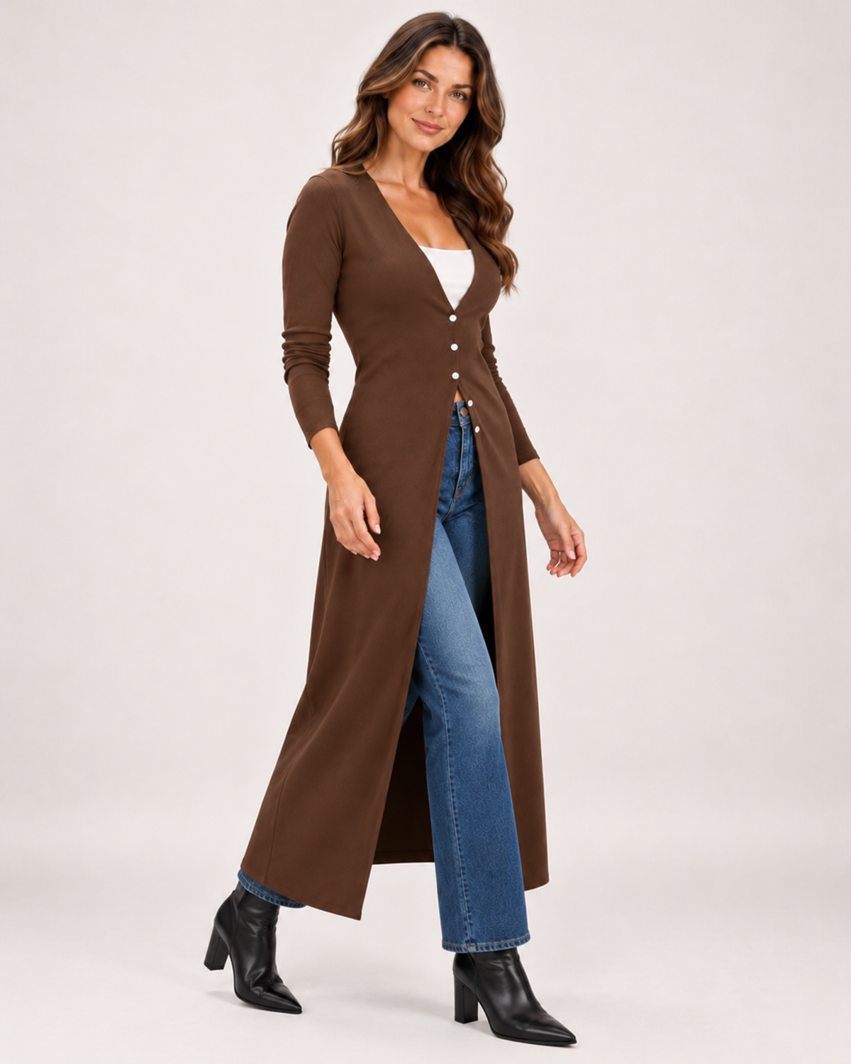 Women's Coatigan with V Neck and Longline Button Front brown close variant view
