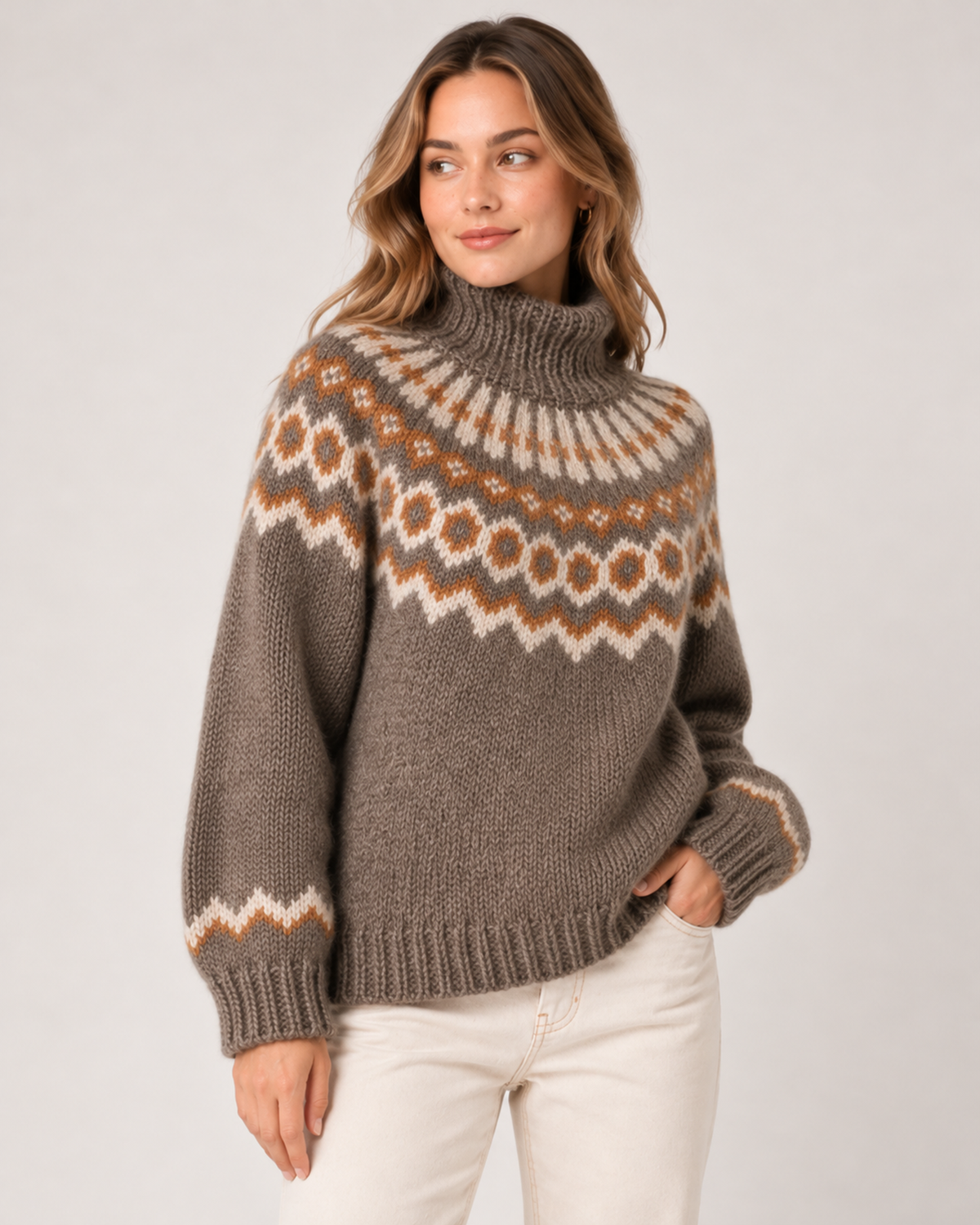 Women's Fair Isle Jumper Patterned High Neck Knitted Style brown close variant view