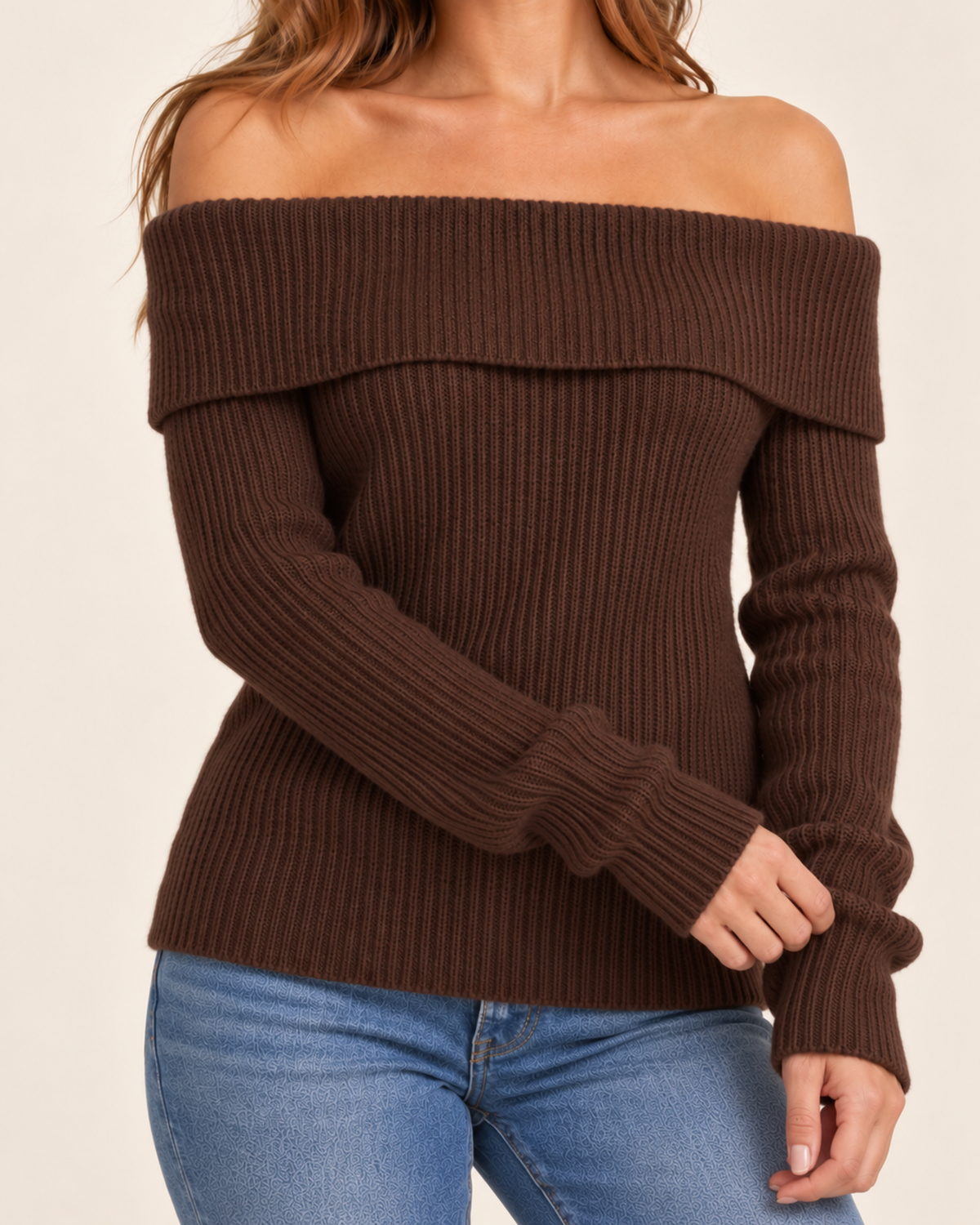 Women's brown off shoulder knitted jumper close variant view