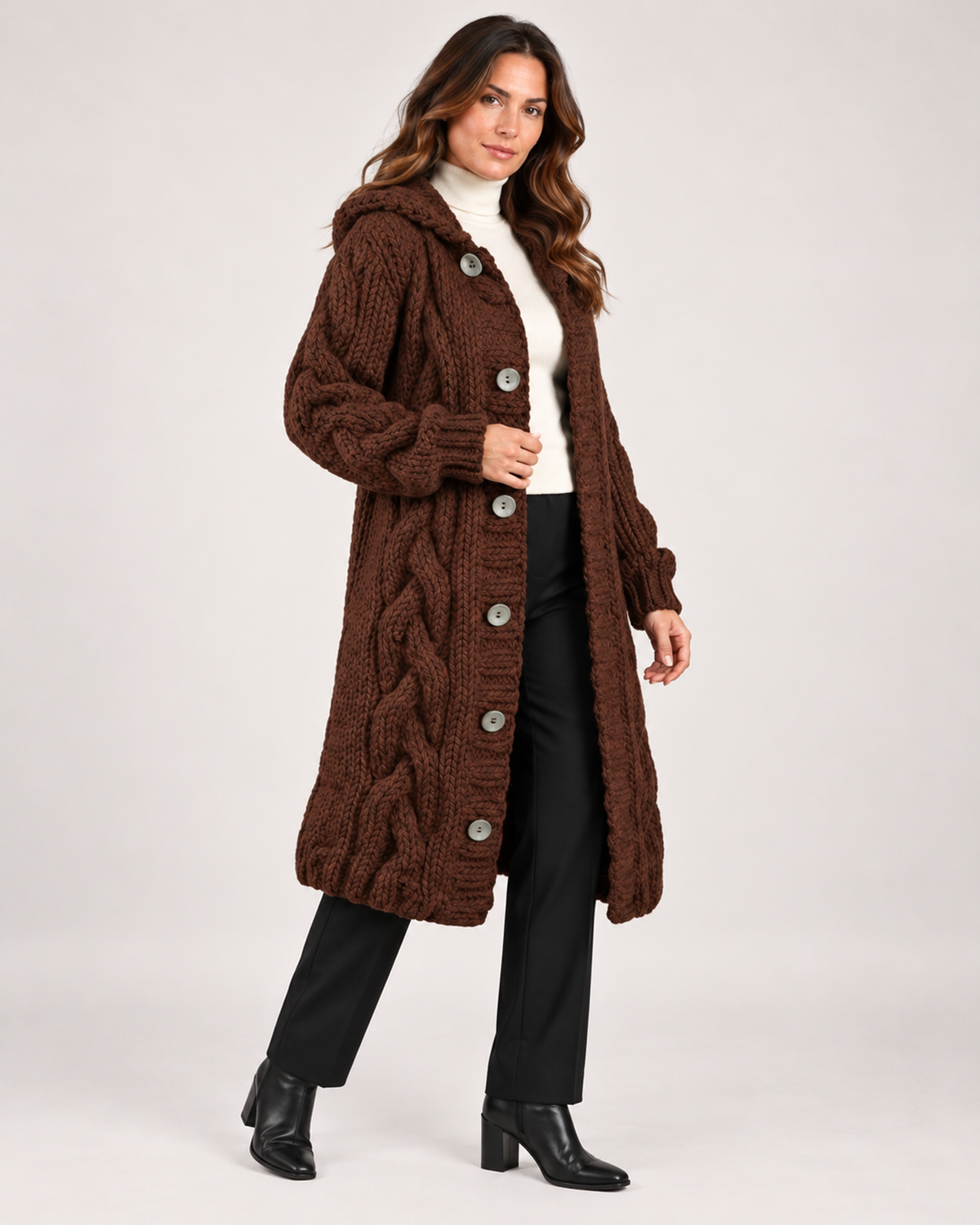 Women's Longline Cardigan with Cable Knit and Hood brown close variant view