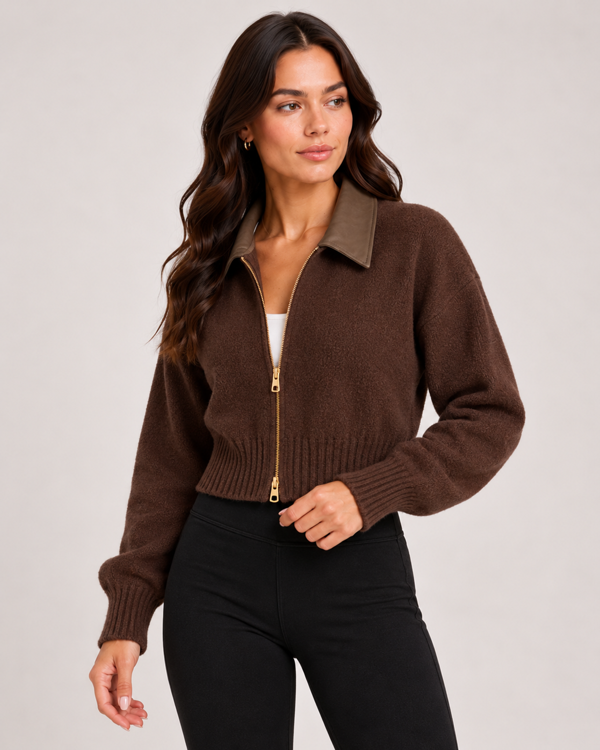Women's Cropped Zip-Up Cardigan with Contrast Collar brown close variant view