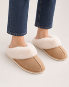 Women’s Mule Slippers with Plush Cuff and Closed Toe in Brown, lower leg product focus view