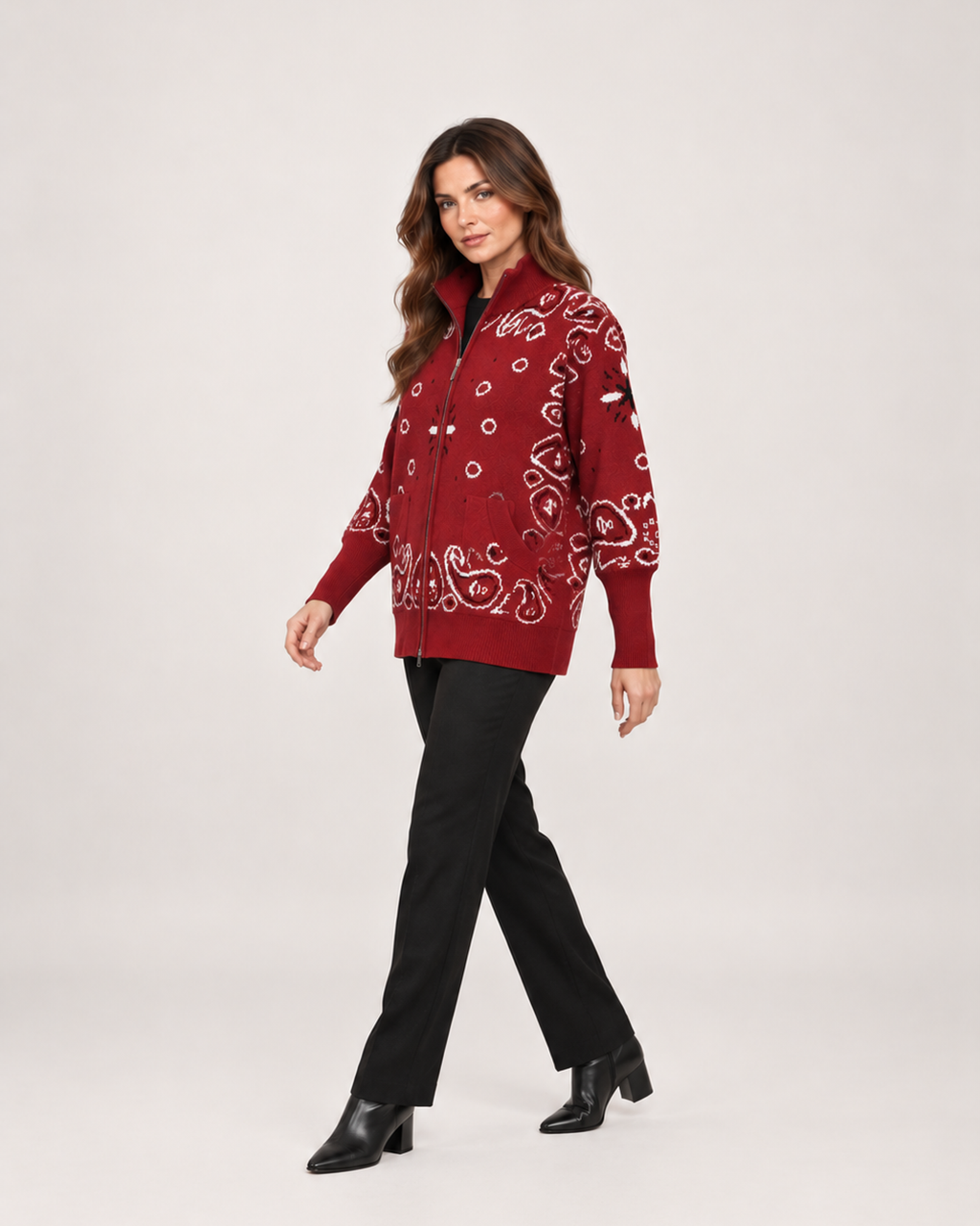 Women’s Knitted Cardigan with Zip Front and High Neck in Burgundy, three quarter body view