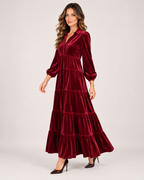 Women’s Velvet Maxi Dress with Collar and Tiered Skirt in Burgundy, three quarter body view