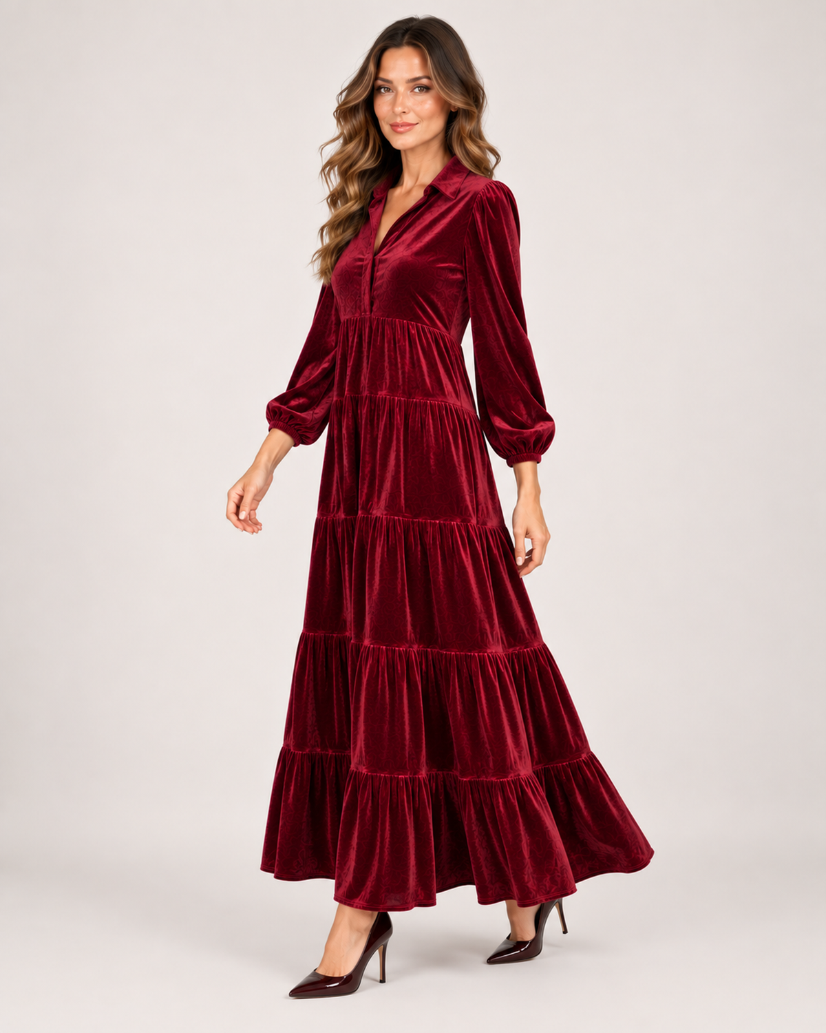 Women’s Velvet Maxi Dress with Collar and Tiered Skirt in Burgundy, three quarter body view