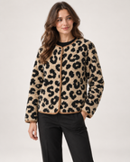 Women’s Leopard Print Jacket with Contrast Lining in Camel, three quarter body view
