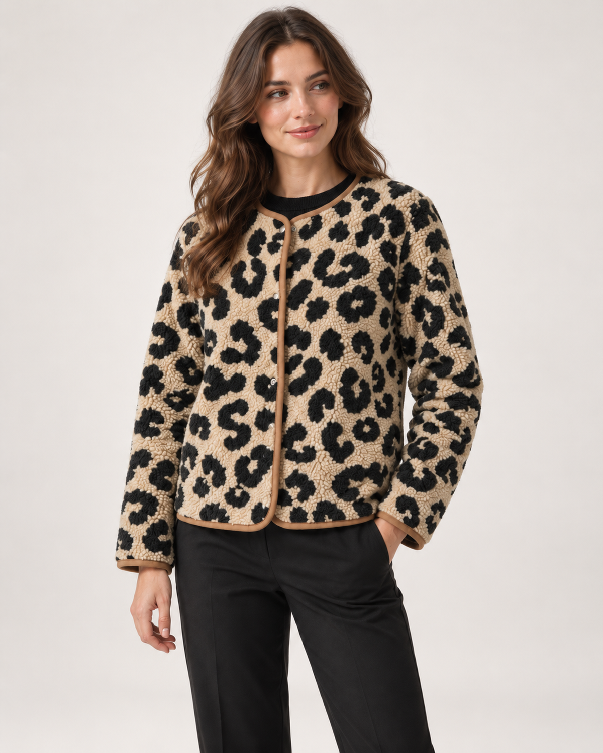 Women’s Leopard Print Jacket with Contrast Lining in Camel, three quarter body view