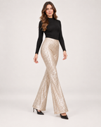 Women’s Sequin Trousers with Flared Legs in Champagne, three quarter body view