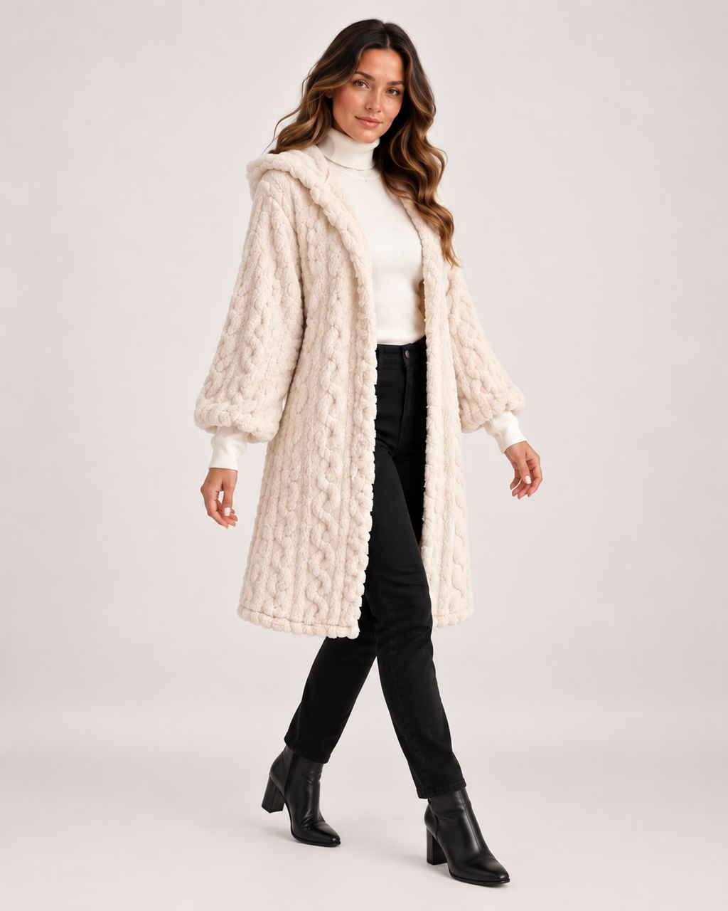 Women’s Longline Cardigan with Hood and Cable Texture in Cream, three quarter body view