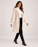 Women’s Longline Cardigan with Hood and Cable Texture in Cream, three quarter body view