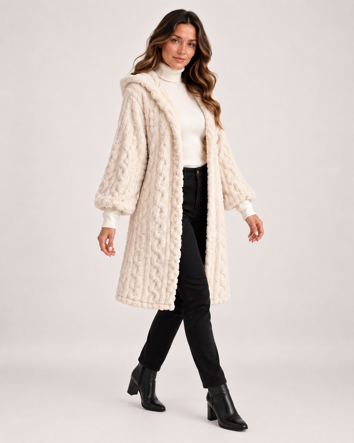 Women’s Longline Cardigan with Hood and Cable Texture in Cream, three quarter body view