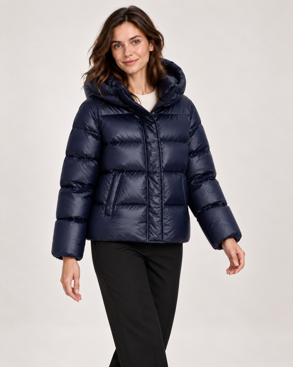 Women’s Puffer Jacket with Hood and Zip Front in Dark Blue, three quarter body view