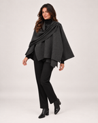 Women’s Cape Coat with Asymmetric Scarf Collar in Dark Grey, three quarter body view