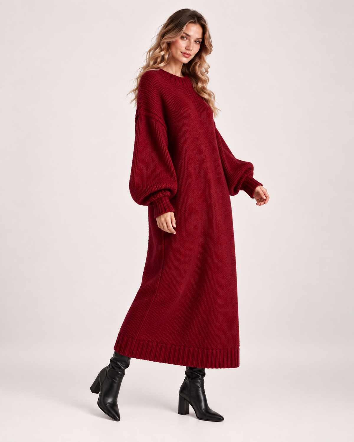 Women’s Knitted Maxi Dress with Balloon Sleeves in Dark Red, three quarter body view