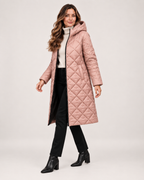Women’s Long Puffer Jacket with Hood and Diamond Quilting in Dusty Pink, three quarter body view