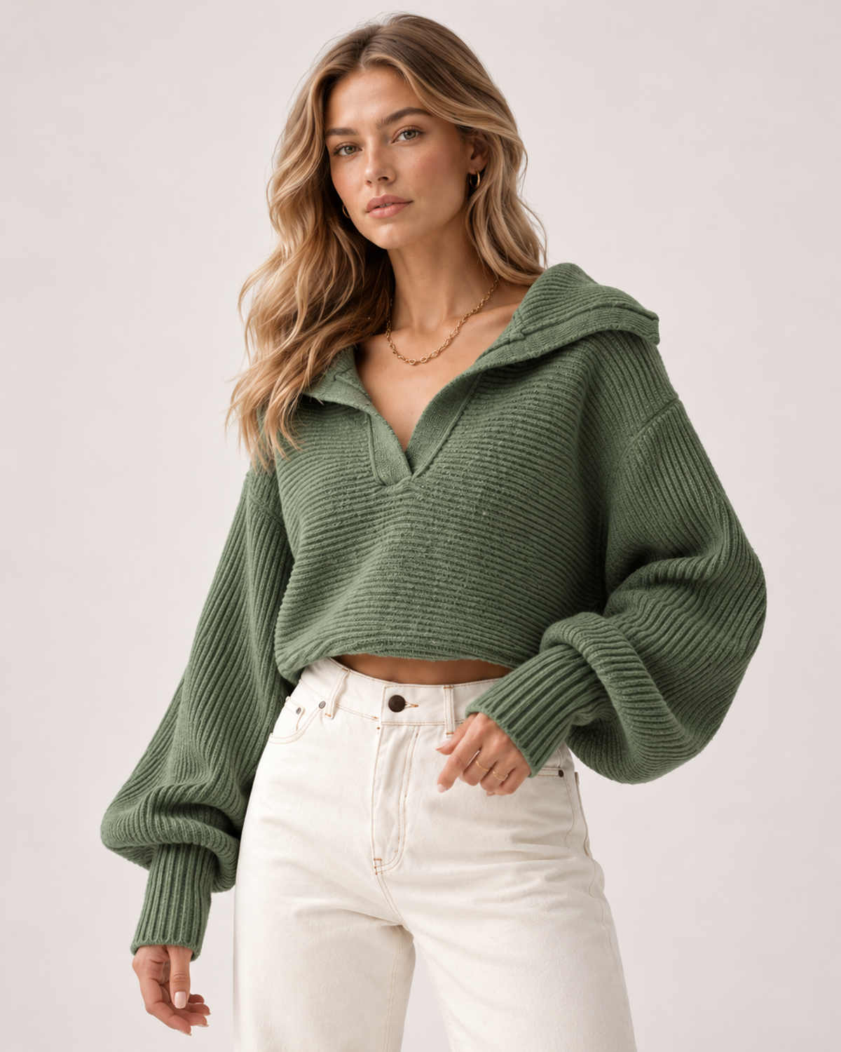 Women's Cropped Jumper Half Zip Chunky Knit Style green close variant view