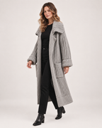 Women’s Long Cardigan with Shawl Collar in Grey, three quarter body view