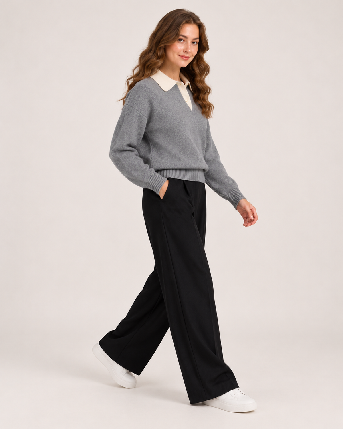 Women’s Collared Jumper with Colour Block Design in Grey, three quarter body view